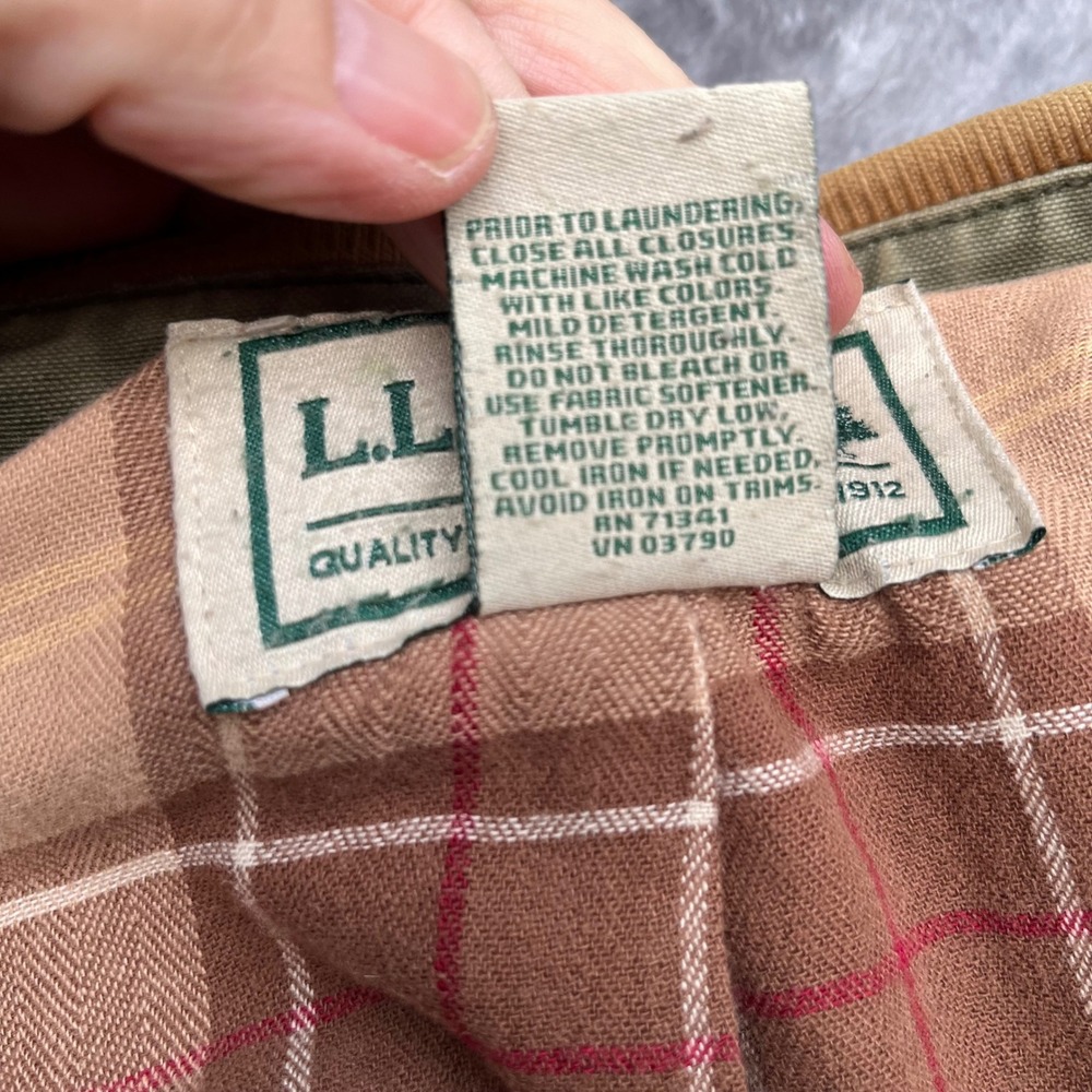 LL Bean Womens Field Coat Barn Jacket Olive Green Corduroy Trim Plaid Lined L - Picture 8 of 10